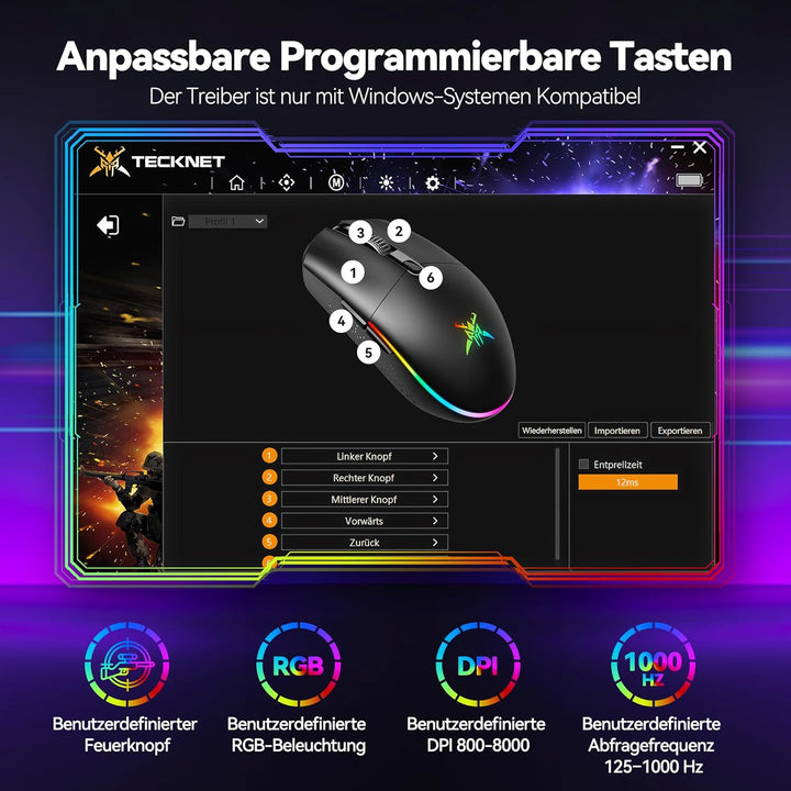 TECKNET Kabellose Gaming-Maus, RGB 2.4G/USB-C Kabelgebundene Gaming-Maus, 8000 DPI Wiederaufladbar,