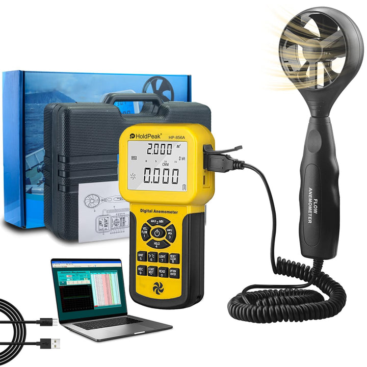 Holdpeak 826 A Anemometer, digital, Windgeschwindigkeit/Temperaturmessgerät mit Datenlogger-Funktion