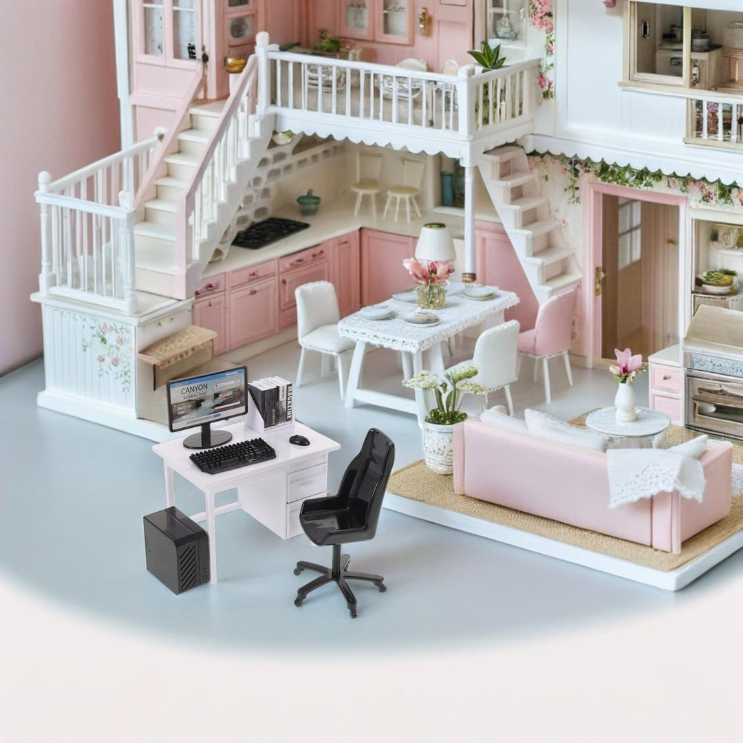 2 Sets Miniatur PuppenhausmöBel BüRotisch Mit Stuhl Computer Modell Simulations Pc Spielzeug FüR Kin