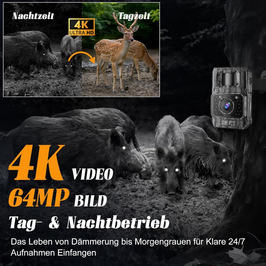 MAXDONE Wildkamera mit Handyübertragung APP - Wildtierkamera 4K 64MP HD mit WLAN Bluetooth Bewegungs