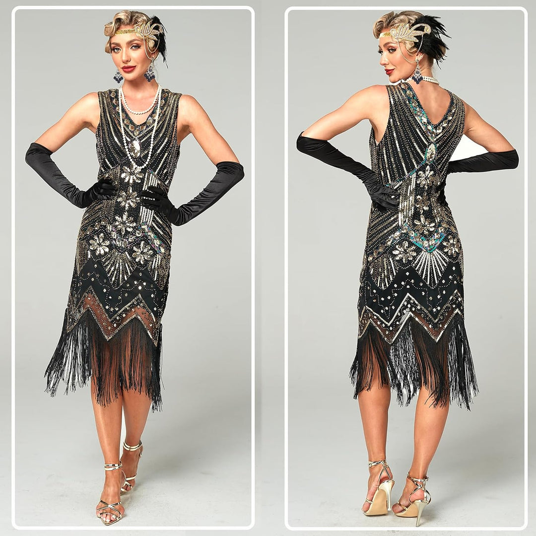 12 Stück 1920er Charleston Kleid Jahre V-Ausschnitt Pailletten Perlen Fransen Kleid mit 20er Jahre A