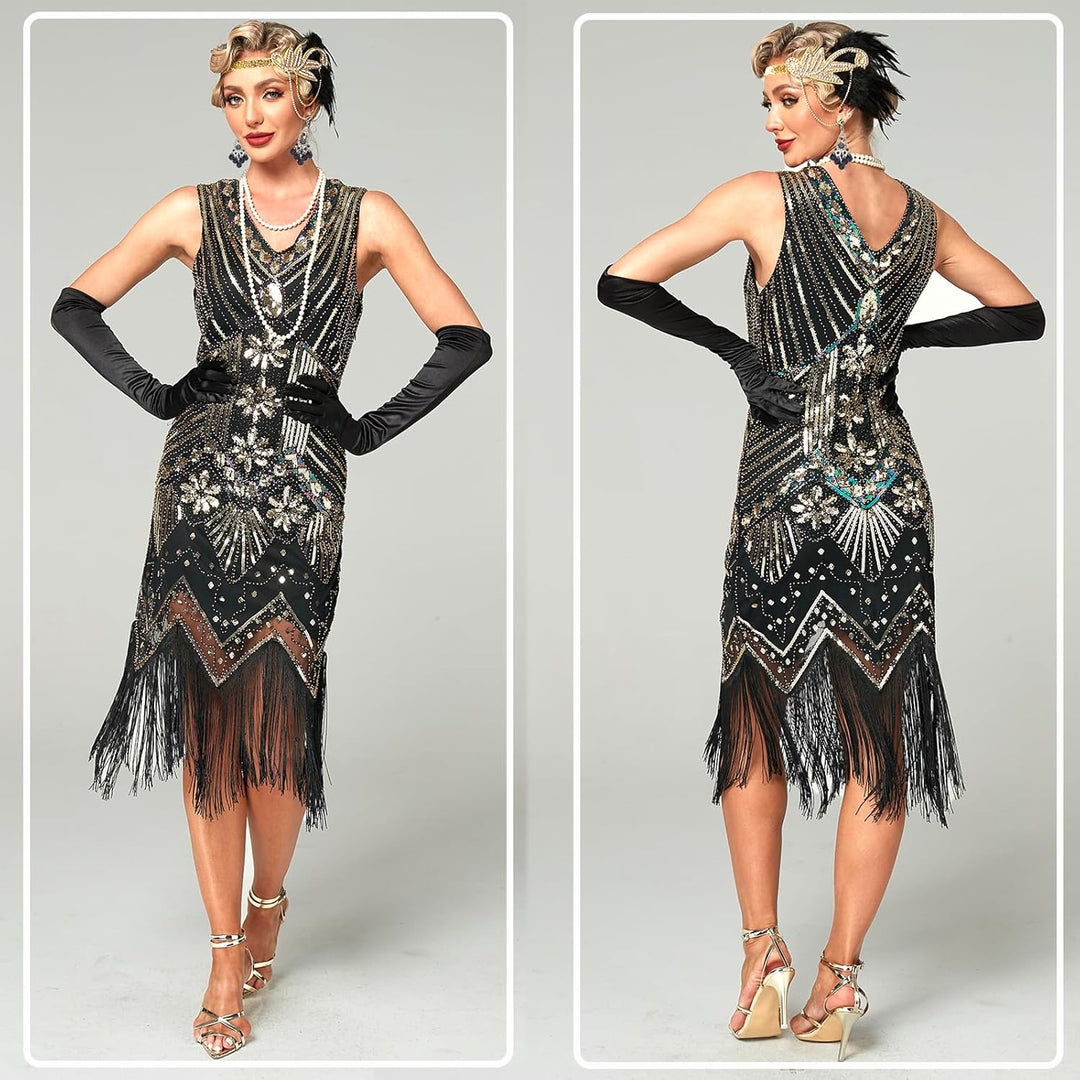 12 Stück 1920er Charleston Kleid Jahre V-Ausschnitt Pailletten Perlen Fransen Kleid mit 20er Jahre A