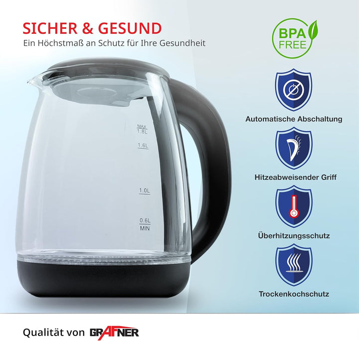 Grafner Design Glas Wasserkocher 1,8 Liter, 1800 Watt, mit blauer LED Beleuchtung, Trockenlaufschutz
