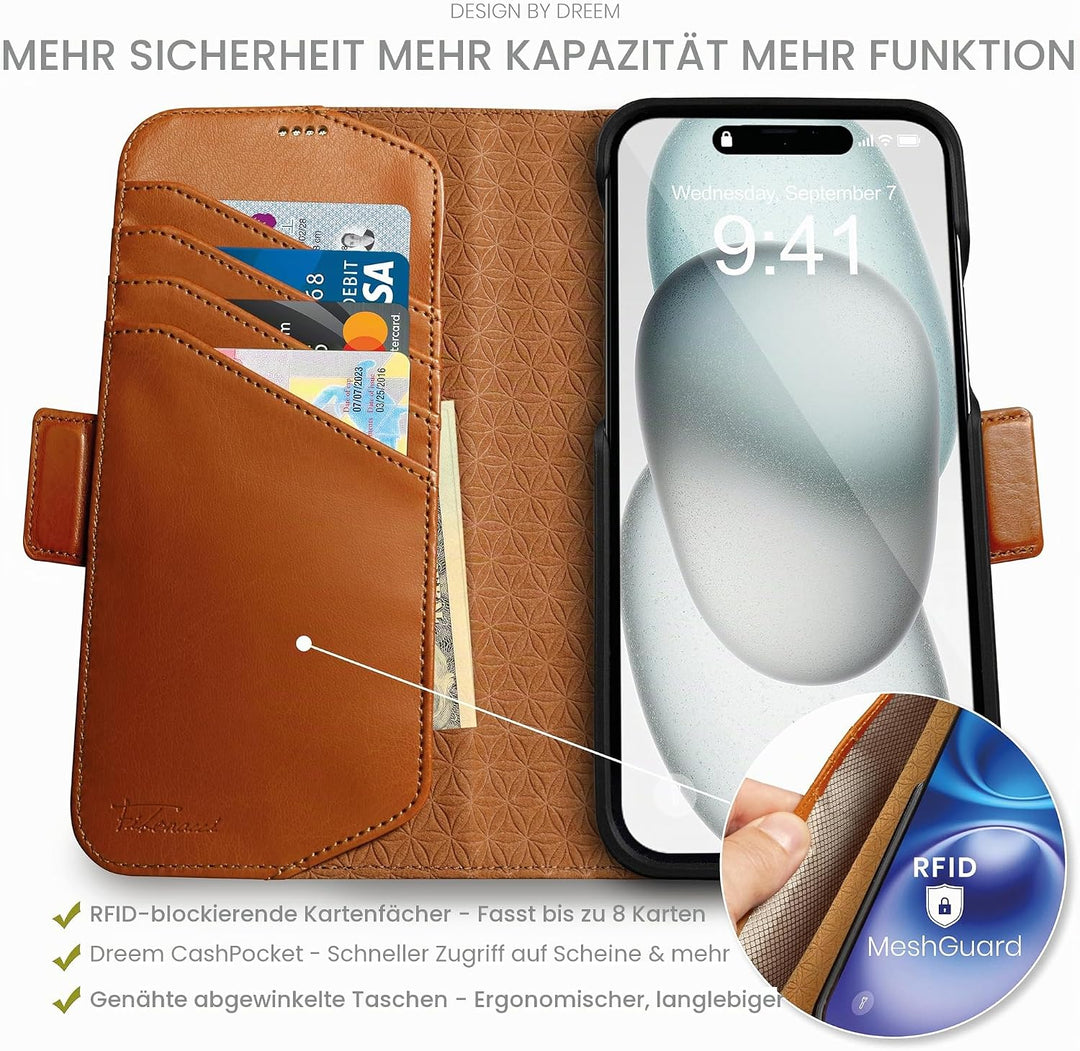 Dreem Lederhülle für iPhone 15 Plus - Revolutionärer Ständer & Kartenfach, Abnehmbare Magnetische Hü
