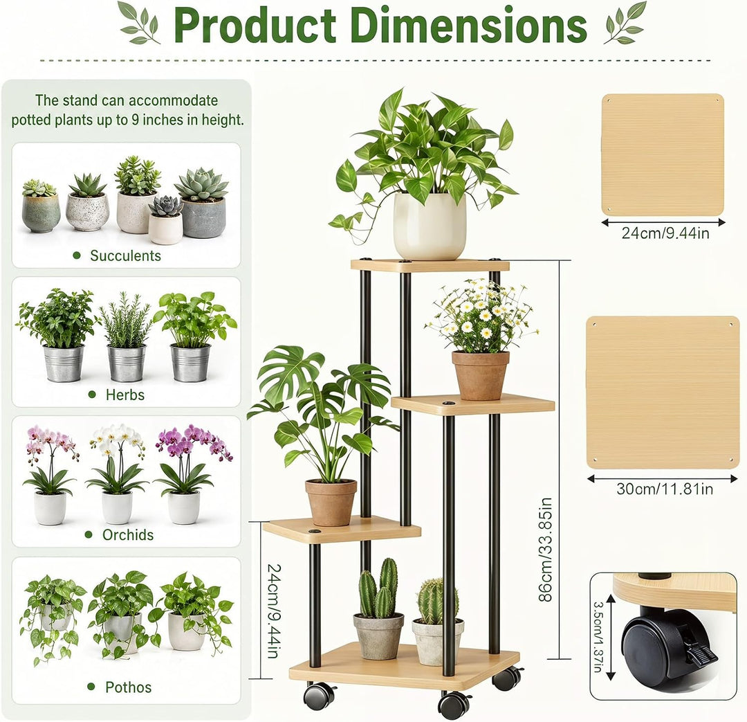 Blumenständer mit Rollen, 4 Etagen Pflanzenständer aus Metall und Holz, Platzsparend Indoor Pflanzen