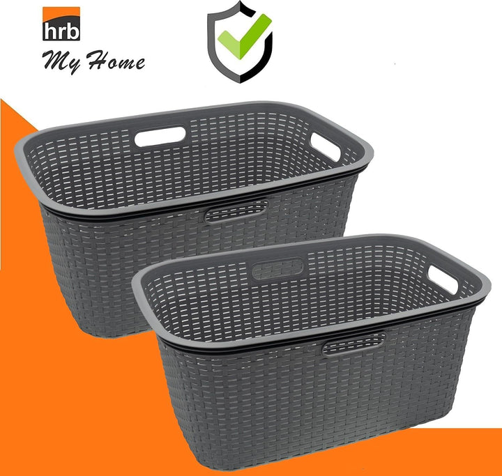 HRB Wäschekorb Plastik Rattan Optik, 40 L Wäsche Box Volumen, Wäschesammler mit 58,5 x 39 x 26 cm Au