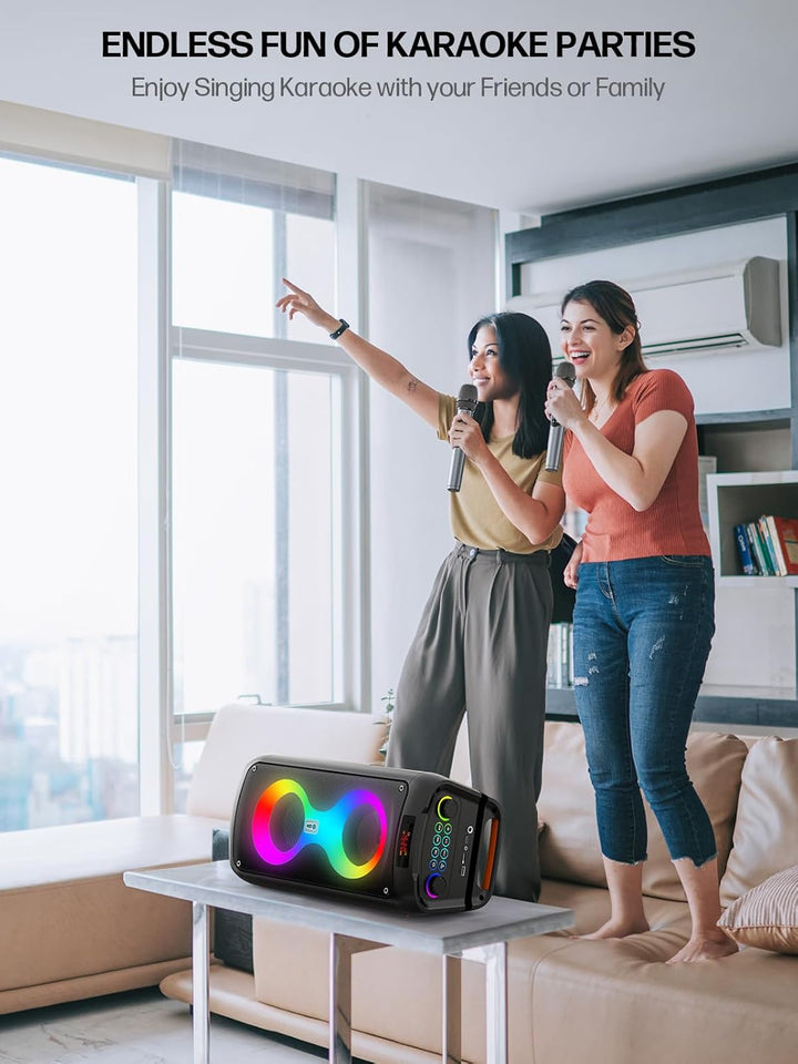 Karaoke-Maschine, Tragbarer Bluetooth-Lautsprecher mit 2 drahtlosen Mikrofonen für Erwachsene, PA-Sy