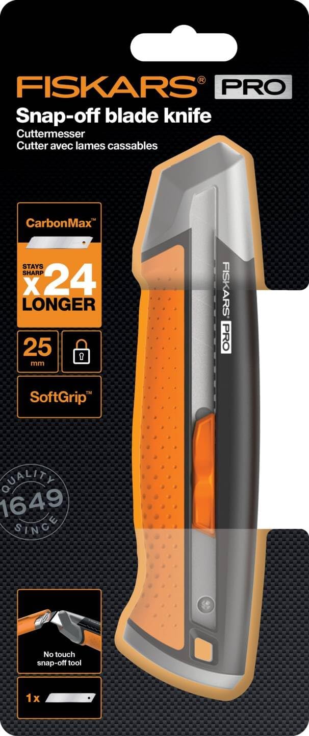 Fiskars Cuttermesser, Länge 19,4 cm, Inklusive Klinge (25mm), Rostfreier Stahl/Kunststoff, Schwarz/O