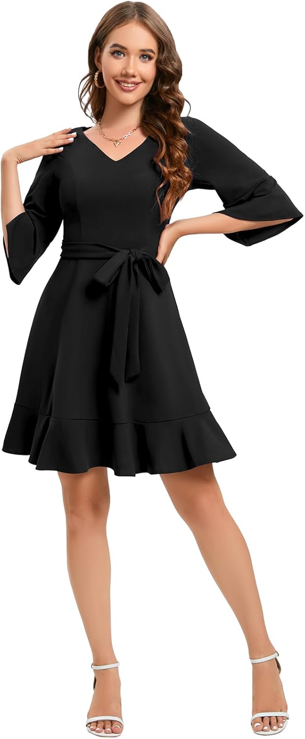 Bbonlinedress Festliche Kleider Damen V-Ausschnitt 3/4 arm Glockenärmeln Rockabilly Kleider Knielang