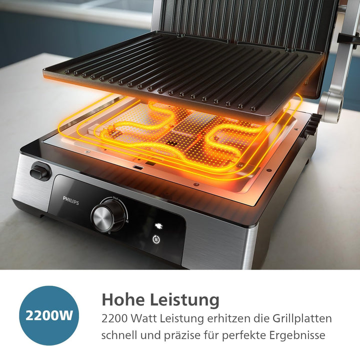 Philips Kontaktgrill - Einstellbare Temperatur 60°C-200°C. 180° aufklappbar. Grosse Grillfläche und