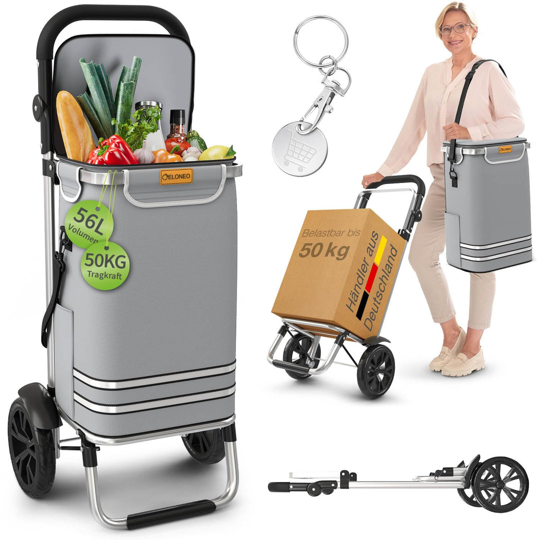 ELONEO Einkaufstrolley klappbar, Einkaufswagen mit Kühlfach, 3in1 Trolley, Sackkarre & Umhängetasche