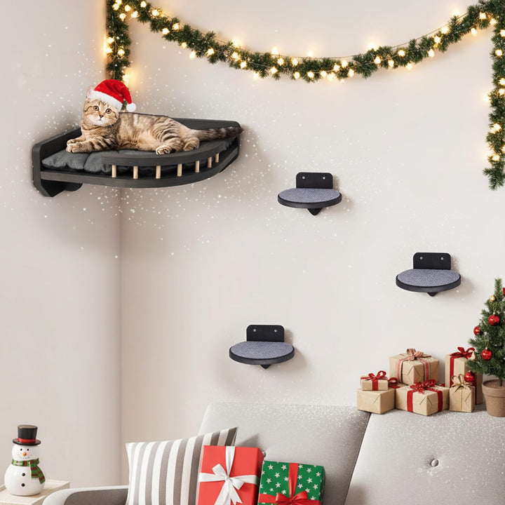Kletterwand Katzen mit Katzenbett und 3X Katzentreppe Wand [Birkenholz] I Kratzbaum Wand I Hängematt