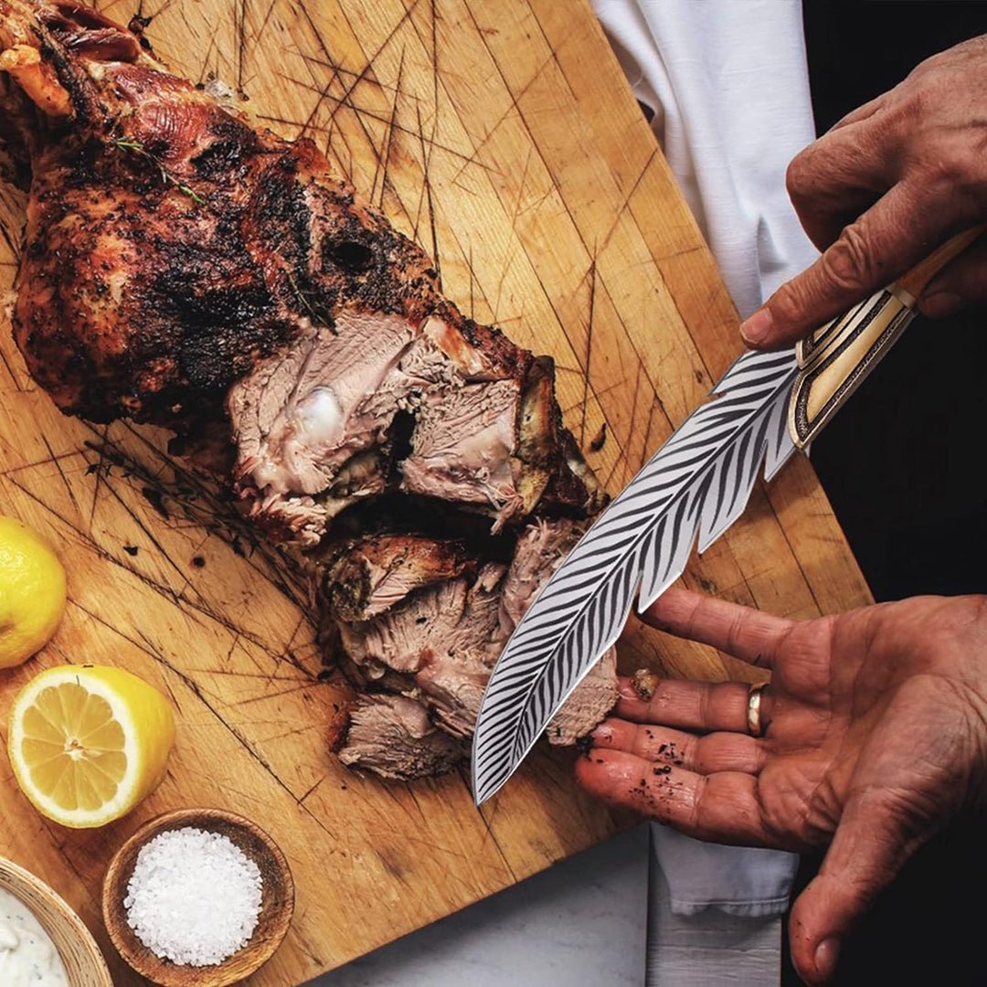 PURPLEBIRD Feder Messer Japanisches Kochmesser mit Lederhülle,Scharfes Ausbeinmesser mit Holzgriff O