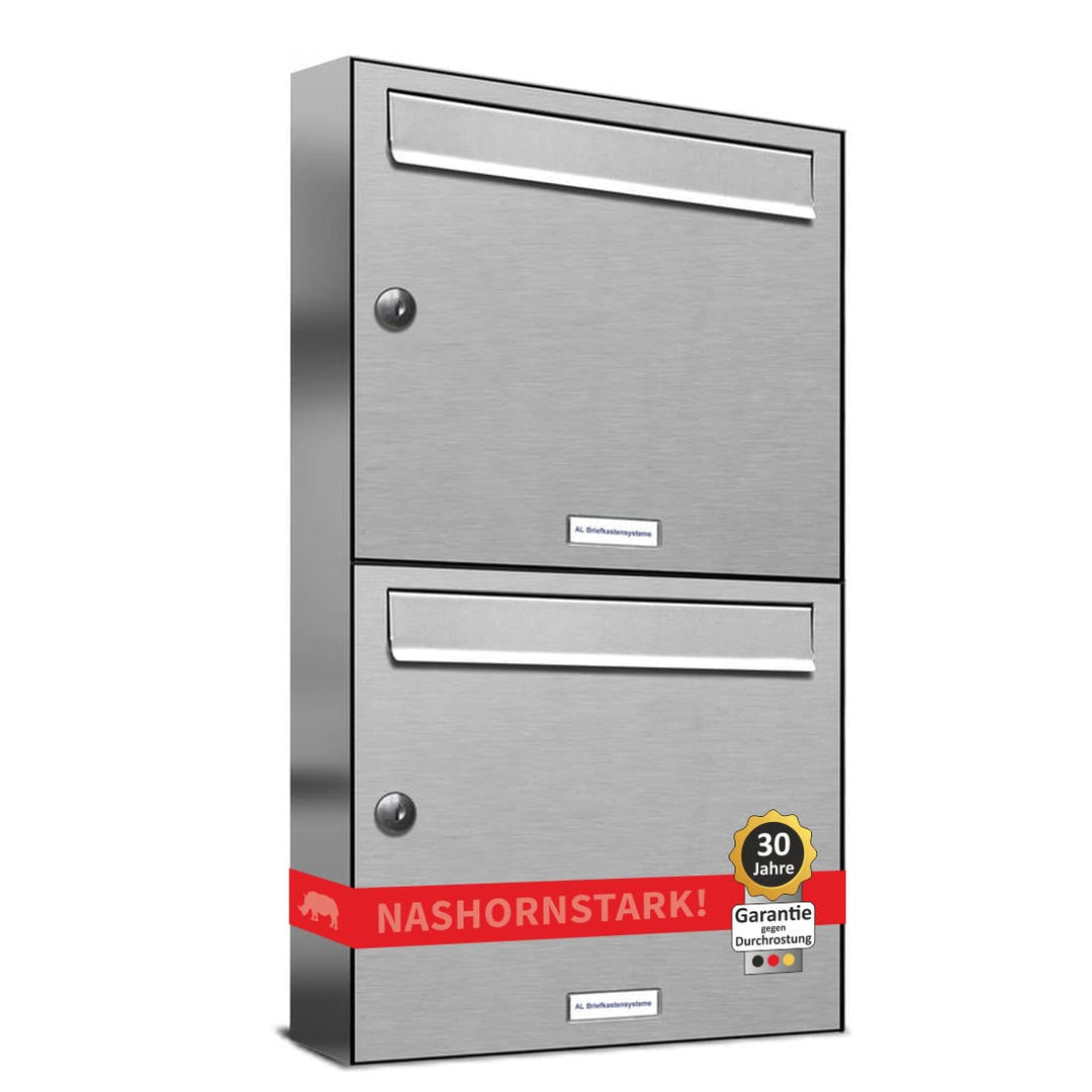 AL Briefkastensysteme 2er Briefkastenanlage aus V2A Edelstahl, Premium Doppel-Briefkasten DIN A4, 2