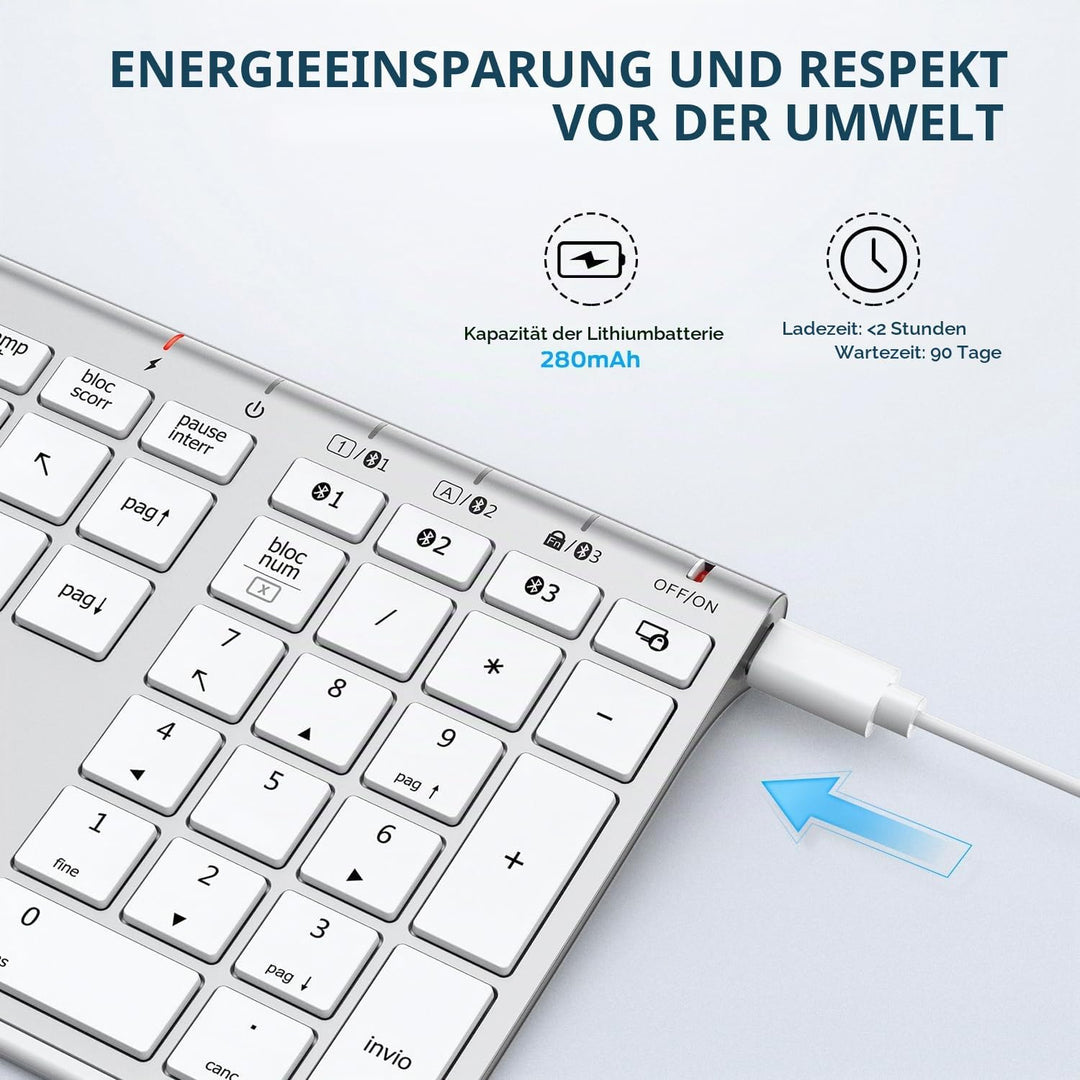 iClever BK23Bluetooth Tastatur, Kabellos Tastatur mit 3 Bluetooth Kanälen, Stabile Verbindung, Ultra