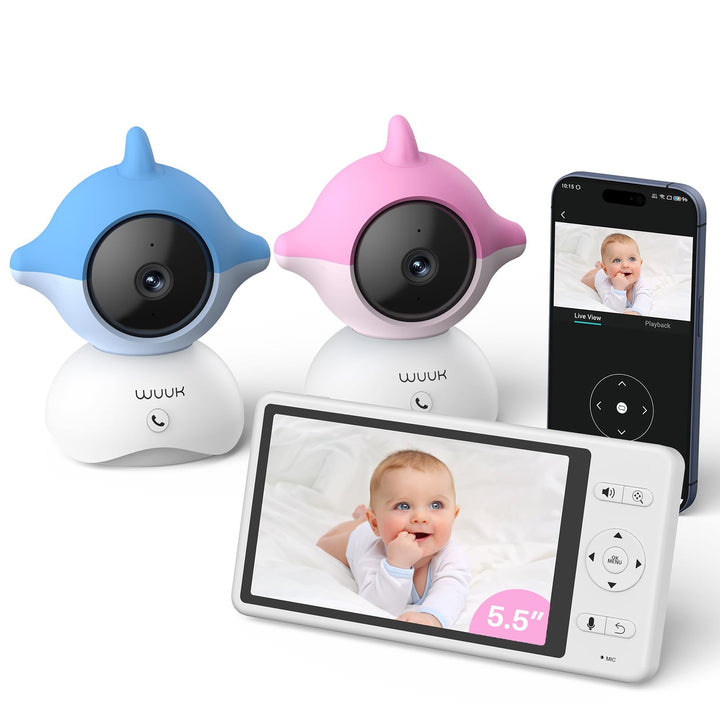 WUUK 2K Babyphone mit 2 Kameras und App, 5.5 Zoll Display mit 360° PTZ Baby Monitor, 10X Zoom, 305m