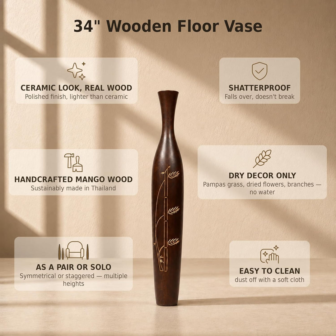 Leewadee Grosse Bodenvase für Dekozweige hohe Standvase Design Holzvase, Holz, 90 cm, Braun, 90 cm