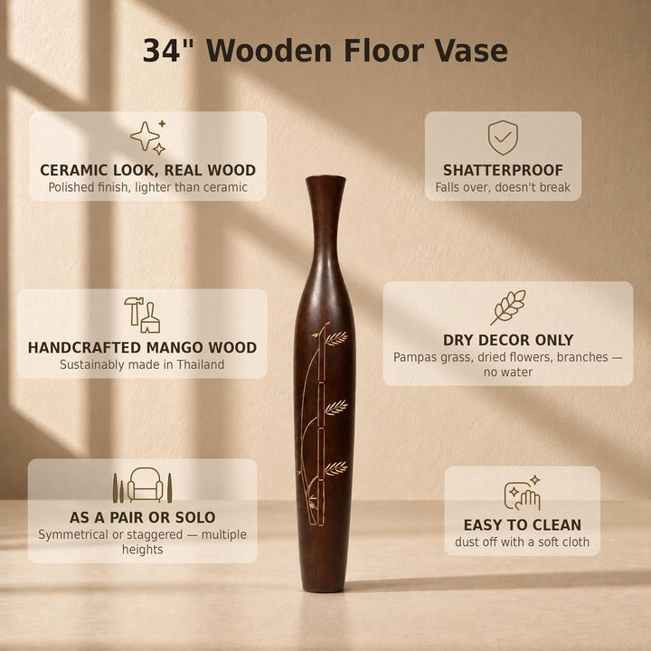 Leewadee Grosse Bodenvase für Dekozweige hohe Standvase Design Holzvase, Holz, 90 cm, Braun, 90 cm