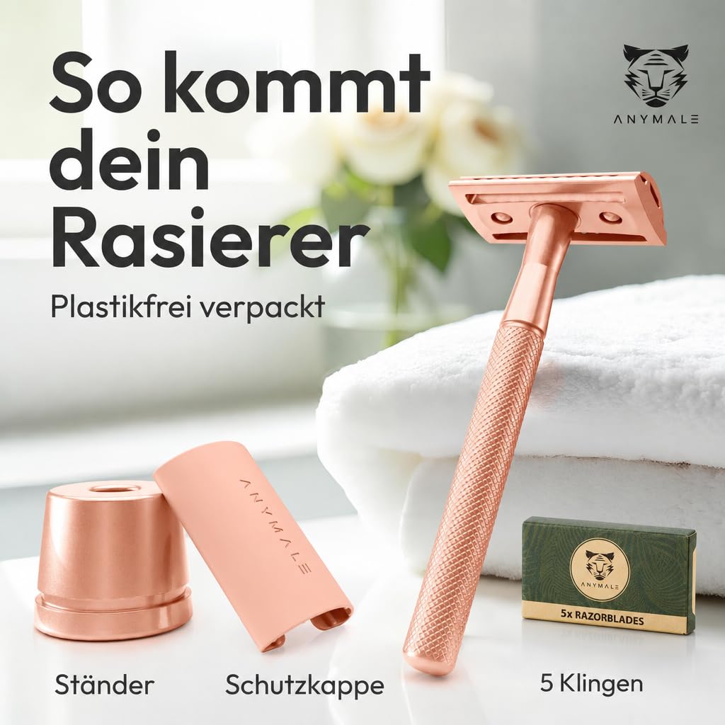 ANYMALE® Rasierhobel Rosegold Edition - Damen Set mit Ständer und 5 ASTRA Klingen - Plastikfreier Ra