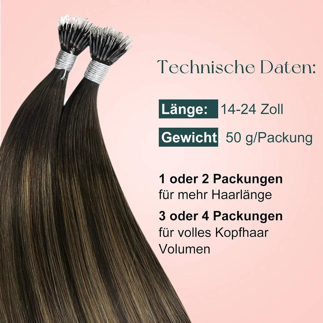 Easyouth Nanoring Haarverlängerung Echthaar 16 Zoll 50 Stück 50g Farbe Dunkelstes Braun Aschbraun un
