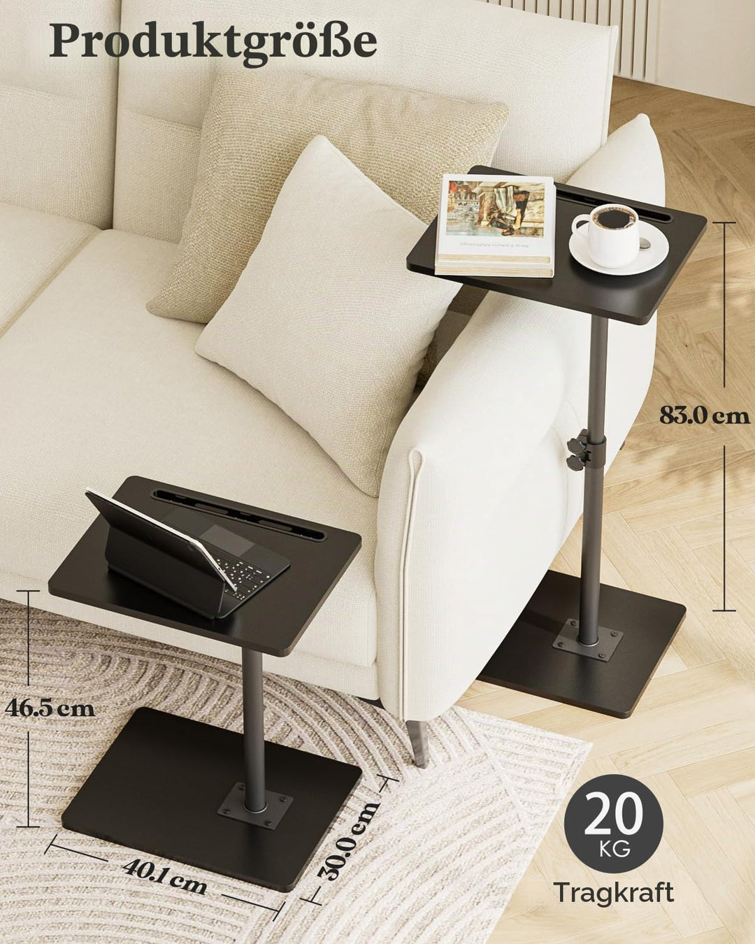 Beistelltisch C-Form, 360°Rotierend Couchtisch Klein, Höhenverstellbar Sofatisch,40x30x(45-81) cm,Ho