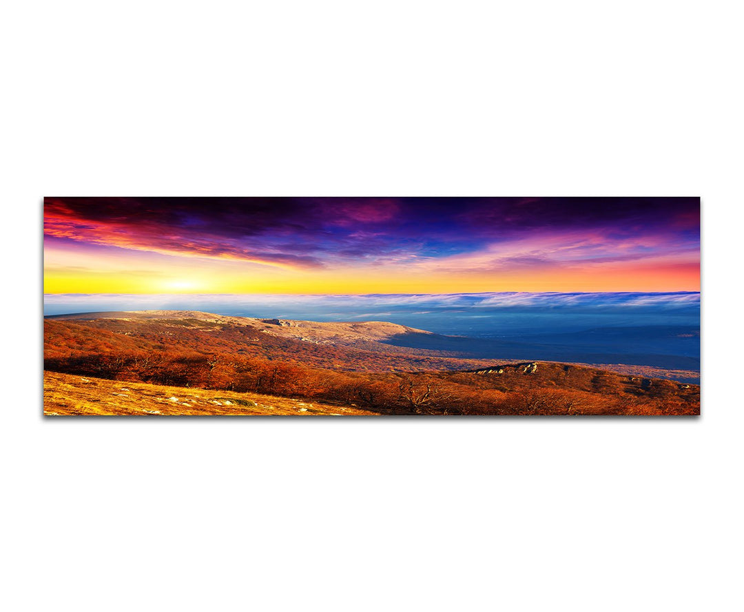 Paul Sinus Art Panoramabild auf Leinwand und Keilrahmen 150x50cm Berge Wiesen Wolken Sonnenuntergang