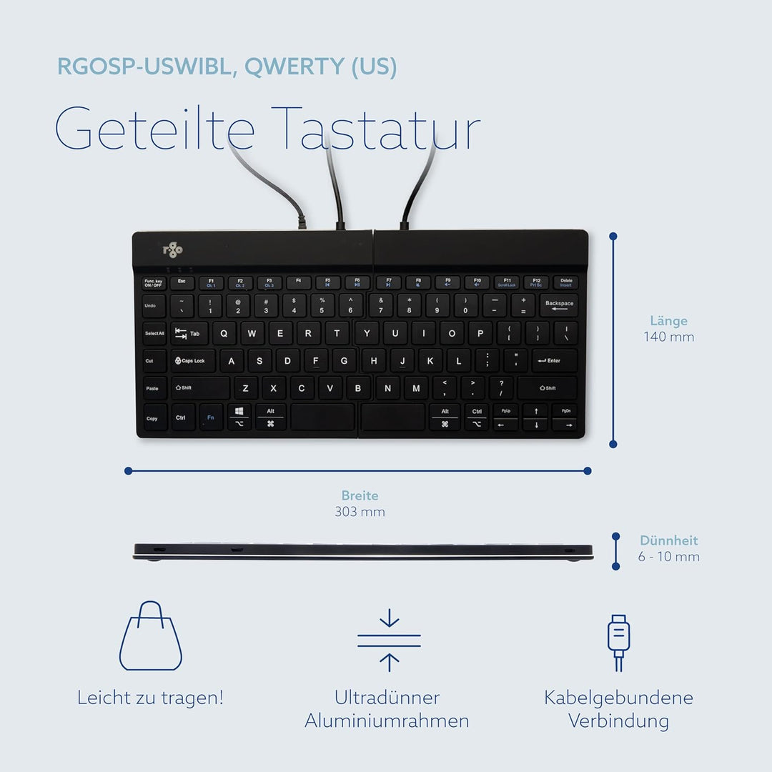 R-Go Split Tastatur, Ergonomische Design mit Geteilte Tastenfeld und Integrierter Pausenanzeige, QWE