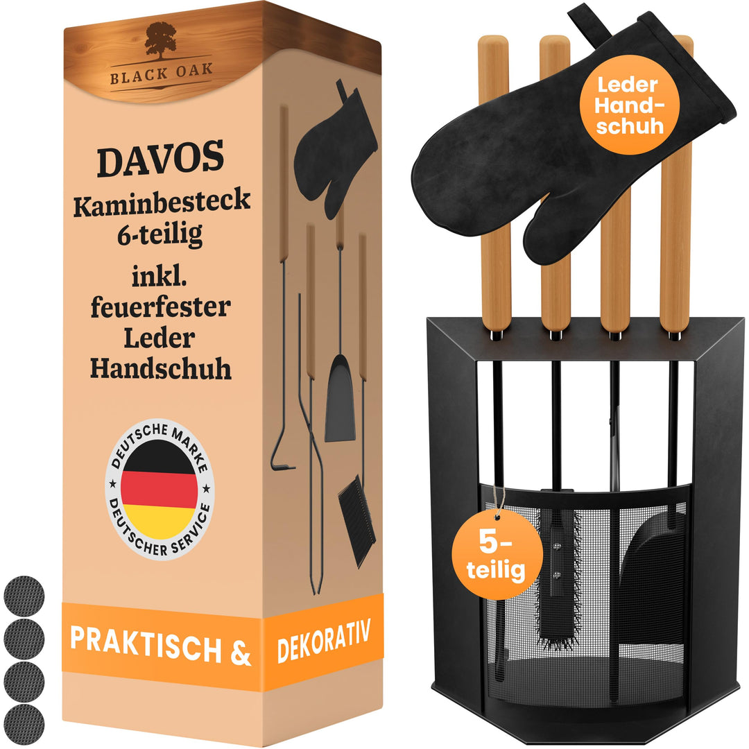 BLACK OAK Kaminbesteck DAVOS 5-teilig mit Lederhandschuh - edles & dekoratives Ofenbesteck Set schwa