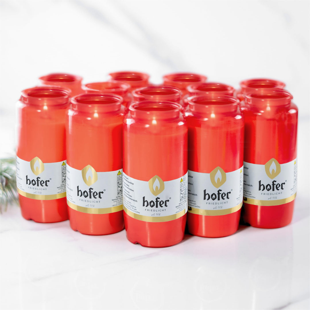 12er Set HOFER KOMPOSITIONS-ÖL-LICHT gross [rot] ca. 100 Std. Brenndauer | Trauerlicht für Grablater