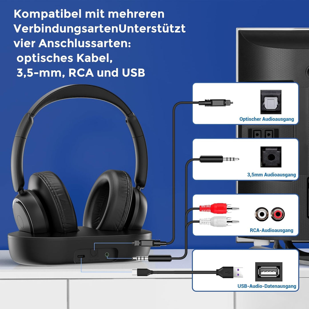 Funkkopfhörer für Fernseher, kabellose TV-Kopfhörer mit TV-Sender-Ladestation für Senioren,Keine Aud