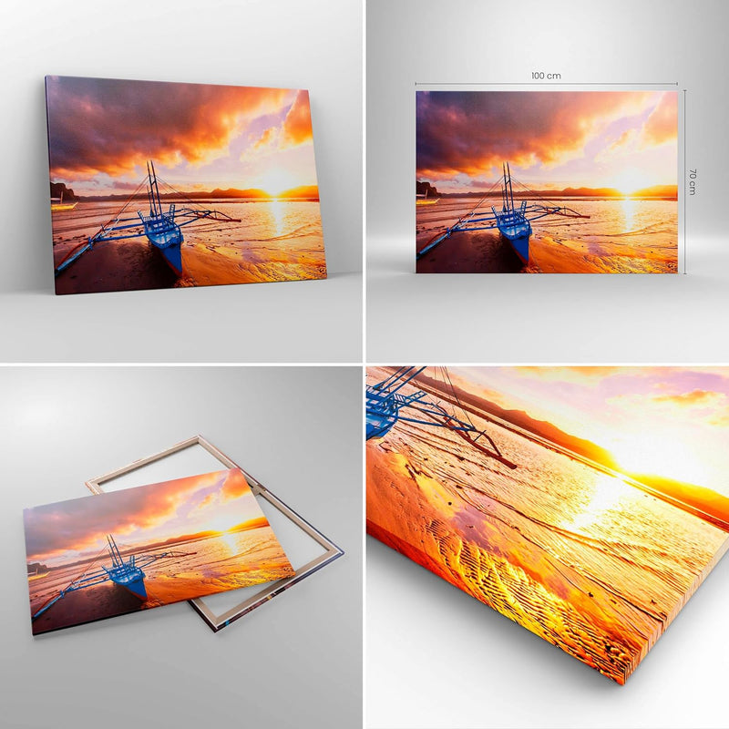 Bilder auf Leinwand 100x70cm Leinwandbild mit Rahmen Ufer Boot Strand Gross Wanddeko Bild Schlafzimm