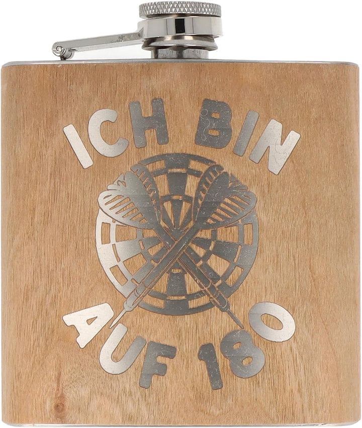Spruchreif | Flachmann aus Edelstahl mit Gravur | Flachmann aus Holz | Geschenkidee Darts | Outdoor
