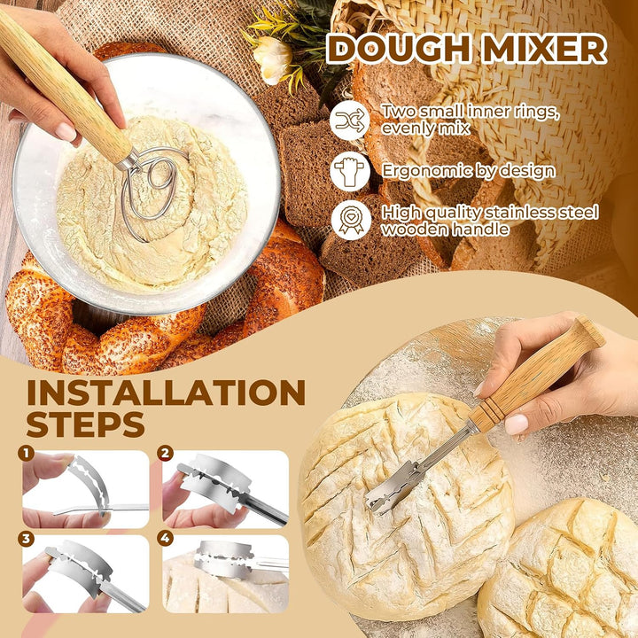 11-teilig Gärkorb Brot Set, Sauerteig Starter Set, Gärkörbchen Rund 25cm, Brot Backen Zubehör, 730ml
