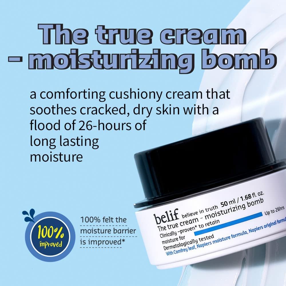 Belif True Cream Moisturizing Bomb 50ml, Langanhaltende Gesichtscreme, Kräutermischung, Glättende Le