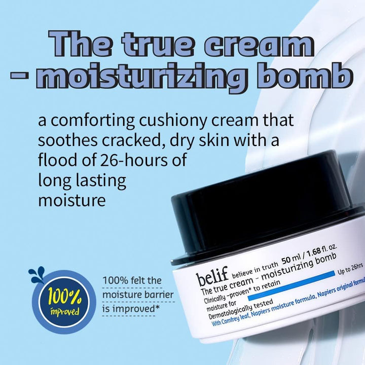 Belif True Cream Moisturizing Bomb 50ml, Langanhaltende Gesichtscreme, Kräutermischung, Glättende Le