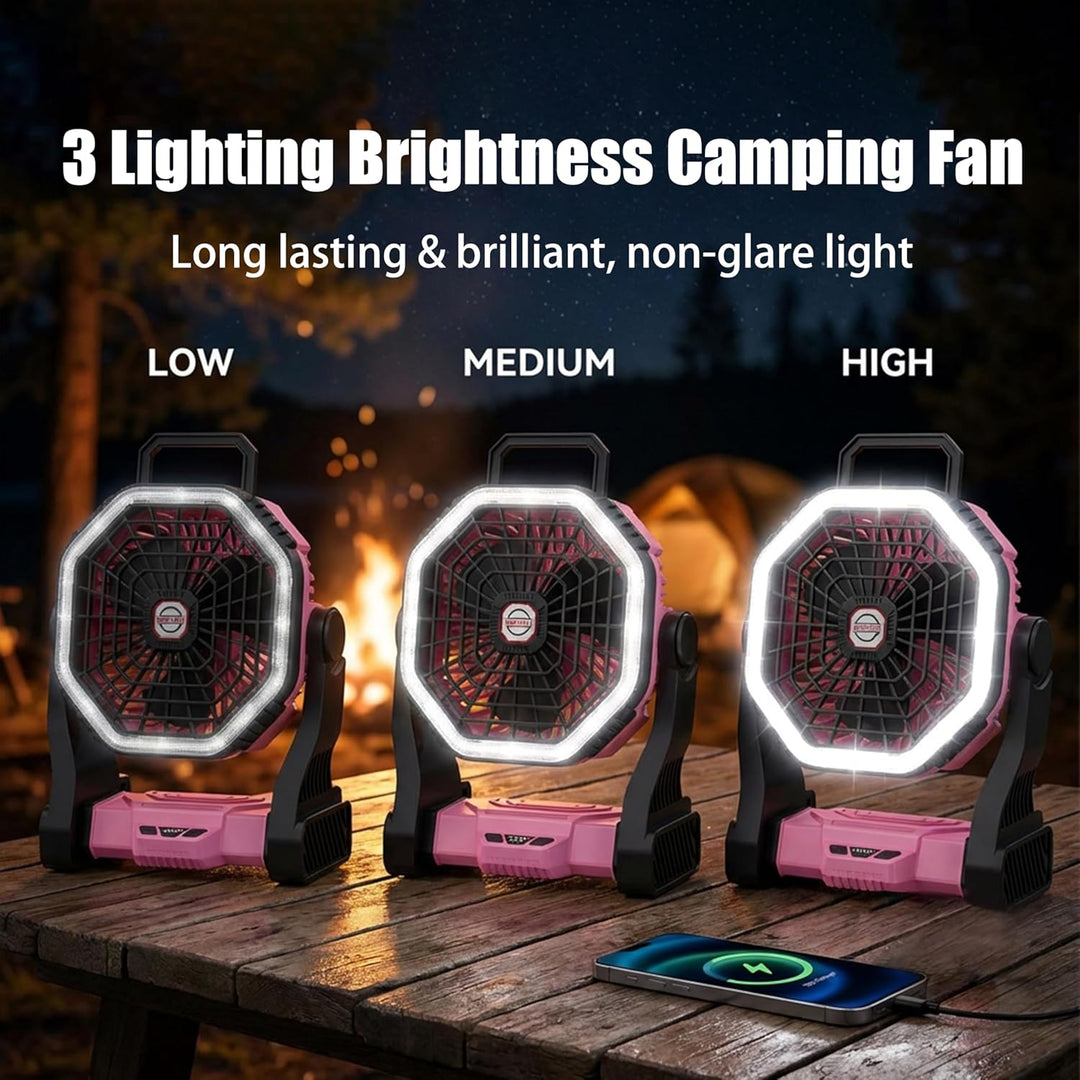 Wiederaufladbarer Camping-Ventilator mit LED-Beleuchtung, 4 Geschwindigkeitsstufen, 3 Lichtmodi, für