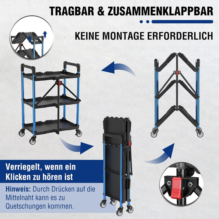 WORKPRO Servierwagen, Klappbarer Wagen 3 Etagen, Rollwagen Klappbar, Zusammenklappbarer Servicewagen