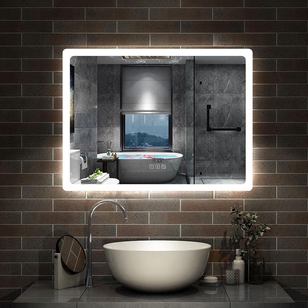 LED Badspeigel 70×50cm Bluetooth Uhr 3 Lichfarbe dimmbar Memory Wand/Touchschalter Anti-Beschlag Spi