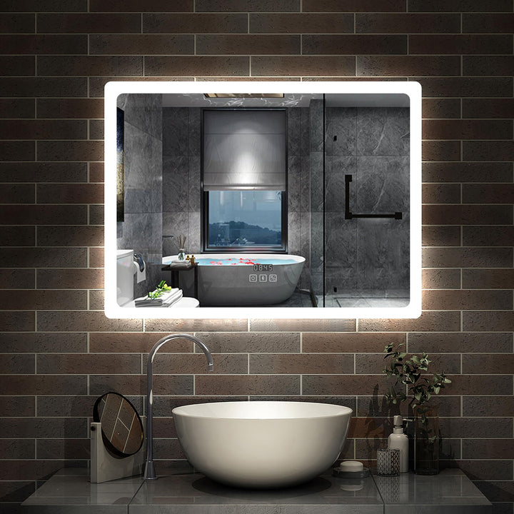 LED Badspeigel 70×50cm Bluetooth Uhr 3 Lichfarbe dimmbar Memory Wand/Touchschalter Anti-Beschlag Spi