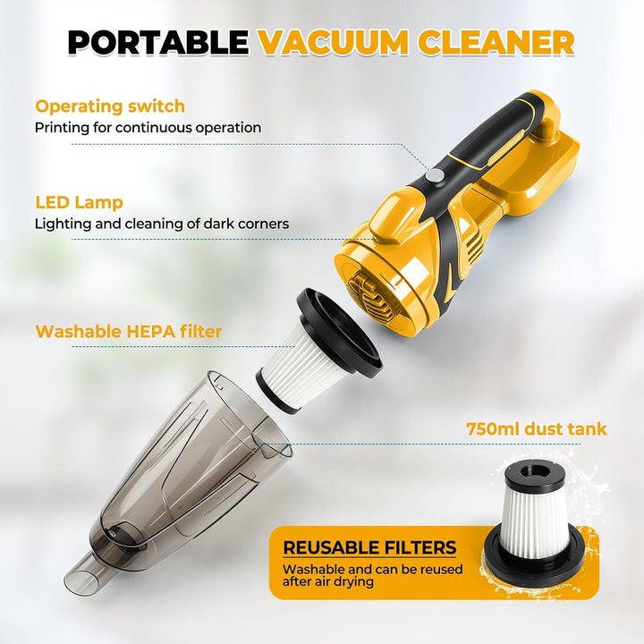Kabelloser Handstaubsauger, kompatibel mit DEWALT 18V 20V Akkus, 10000Pa Saugleistung, 750ml Staubbe