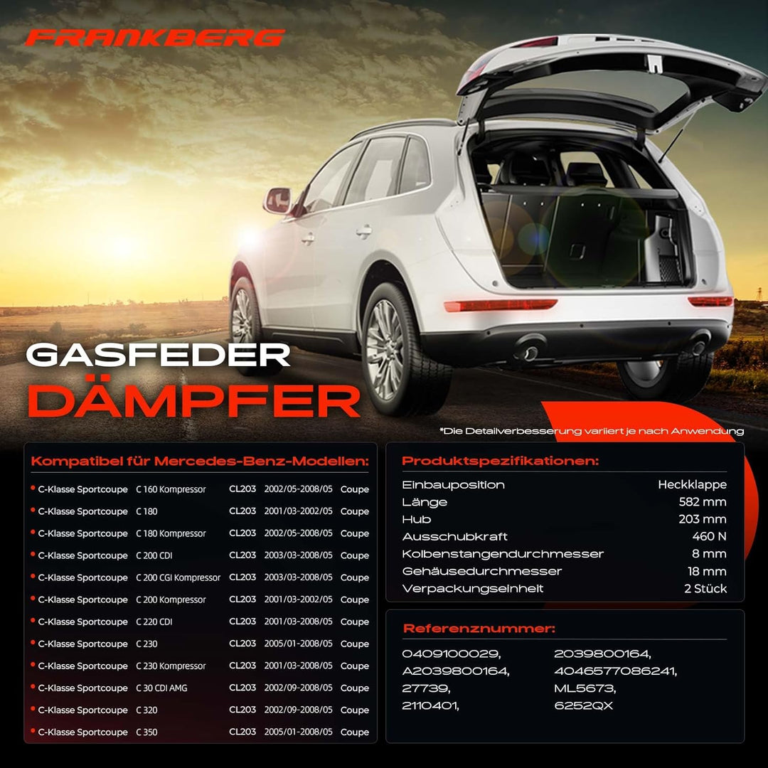 Frankberg 2x Gasfeder Dämpfer Heckklappe Kompatibel mit C-Klasse Coupe CL203 160 180 200 220 230 320