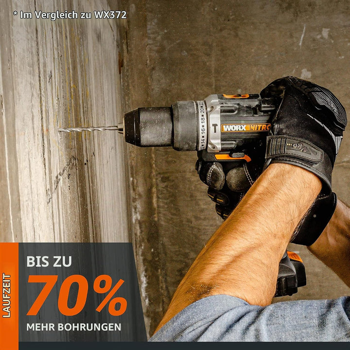 WORX NITRO 18V(20V MAX) Akku-Schlagbohrmaschine WX352.4, PowerShare, bürstenloser Motor, 60Nm, varia