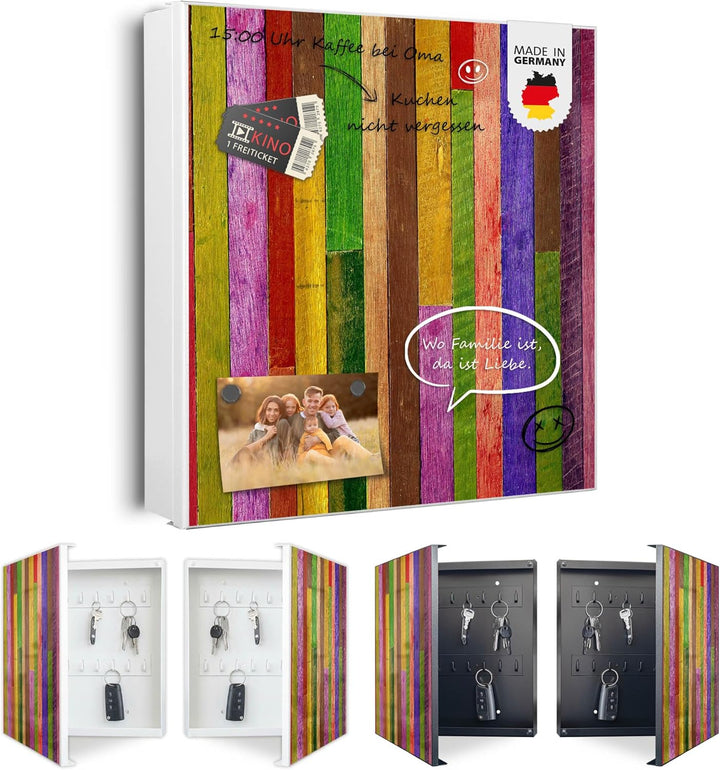 banjado® Grosser Schlüsselkasten Glas/Schlüsselbox 30cm x 30cm mit 50 Haken - Motiv Holz Collage Bun