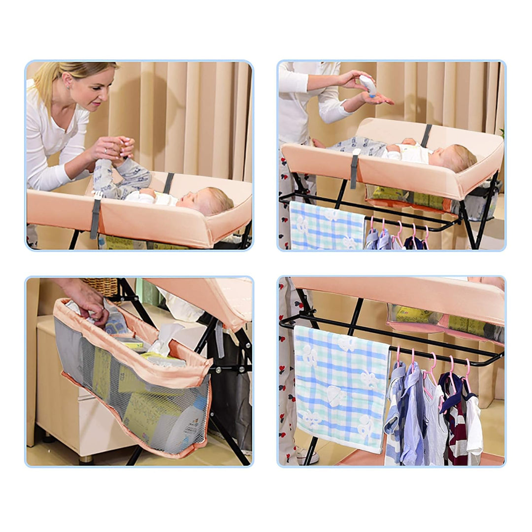 Klappbarer Wickeltisch für Babypflege und Organisation, mit Stauraum und Handtuchhalter, platzsparen