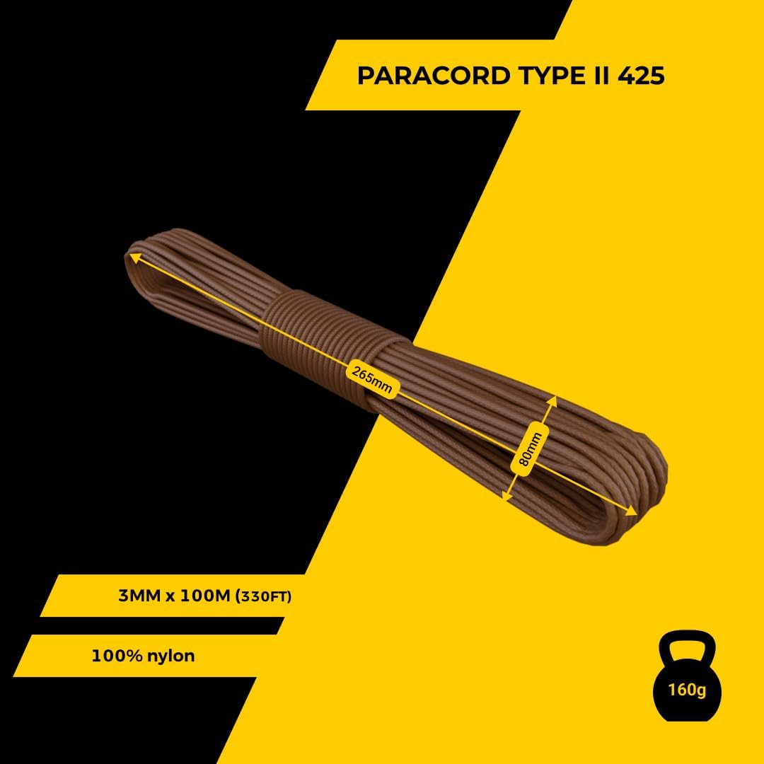 EdcX 3mm Nylon Paracord 425 (15, 30, 50 und 100m) - Typ II, 100% Nylonseil, 3 Litzen Seil, 3mm Nylon