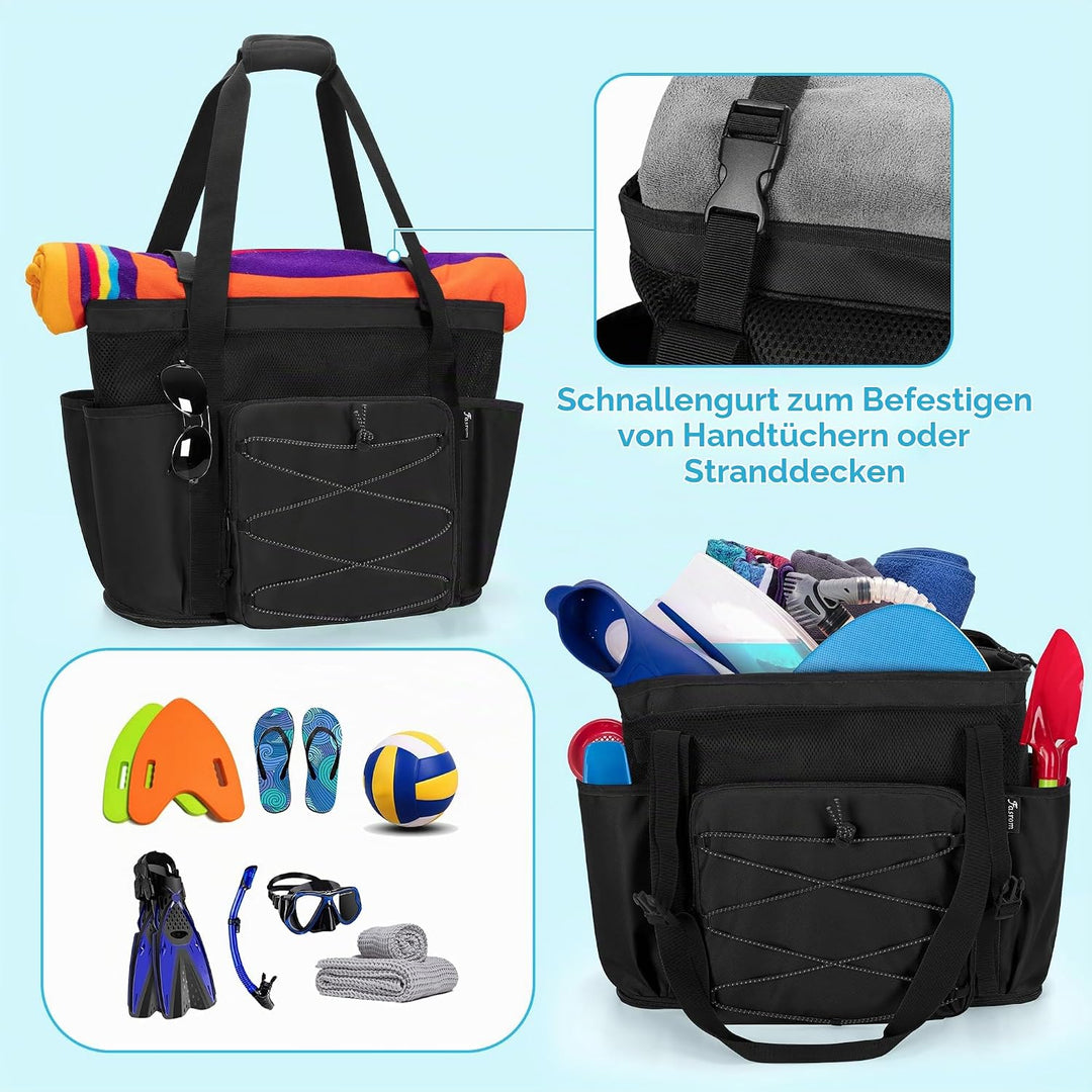 Fasrom Strandtasche XXL mit Reissverschluss unten, badetasche Gross | Mit Trennsystem mit 2 Schichte