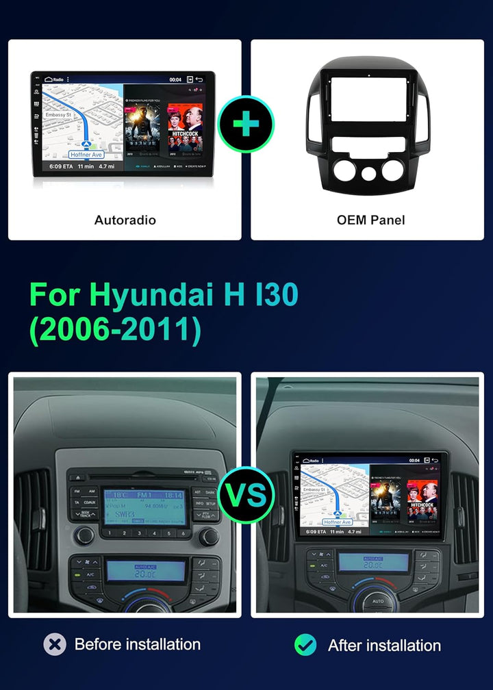 SXAUTO Android 12 IPS Autoradio Passt für Hyundai I30 (2006-2011) - Eingebaut Wireless Carplay/Andro