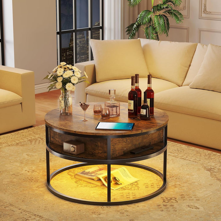 Dripex Couchtisch Rund, 81cm Durchmesser, Höhenverstellbar Beistelltisch mit Verstecktem Stauraum, W