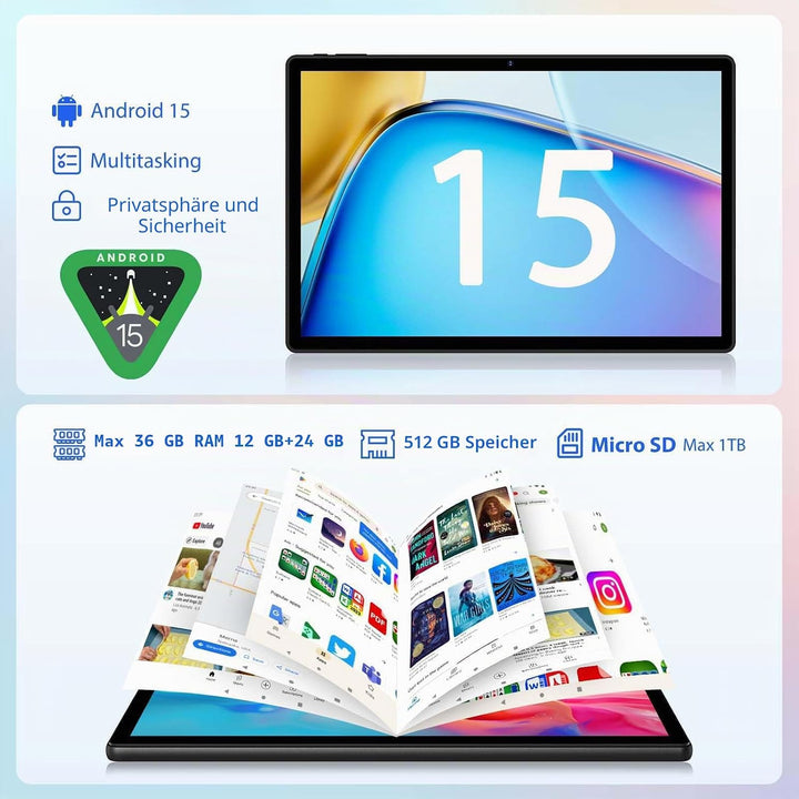 2K Android 15 Tablet 14 Zoll, 36GB RAM, 512GB ROM (2TB Erweiterung), 4G SIM LTE &amp; 5G WiFi, 2000 * 12
