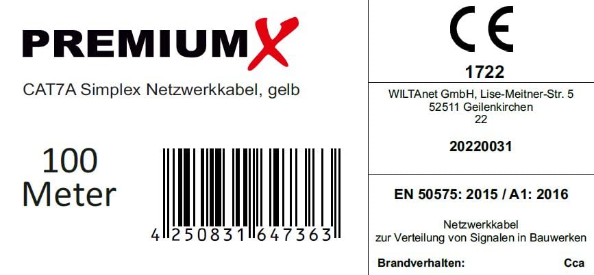 Premium X 100m CAT 7A Netzwerkkabel Simplex LAN-Kabel Ethernet Datenkabel S/FTP PiMF PoE Cca Cat7A I